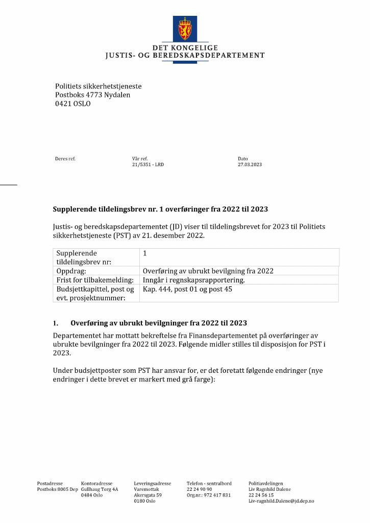 Forsiden av dokumentet Tildelingsbrev Politiets sikkerhetstjeneste 2023 - tillegg nr. 1
