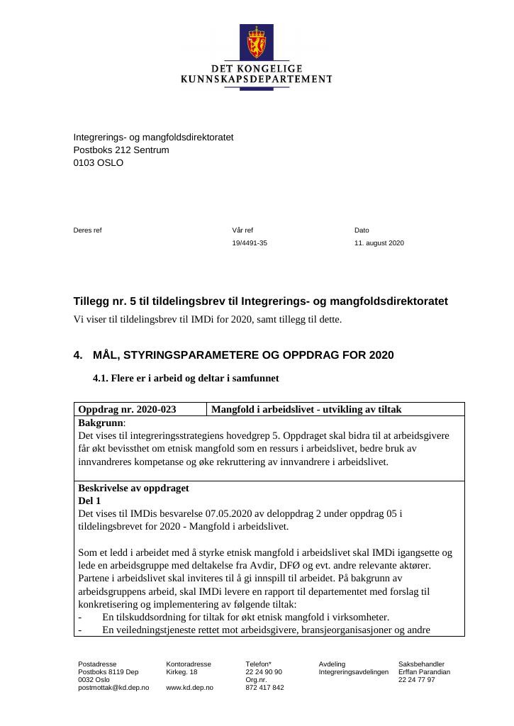 Forsiden av dokumentet Tildelingsbrev Integrerings- og mangfoldsdirektoratet (IMDi) 2020 - tillegg nr. 5