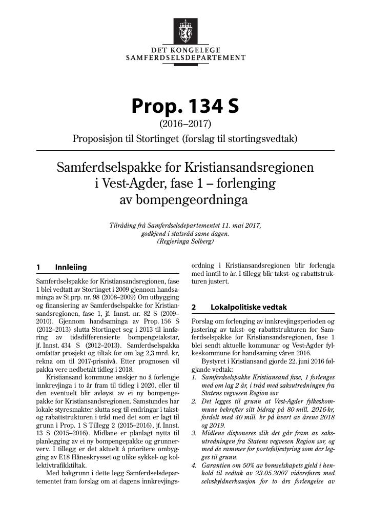 Forsiden av dokumentet Prop. 134 S (2016–2017)