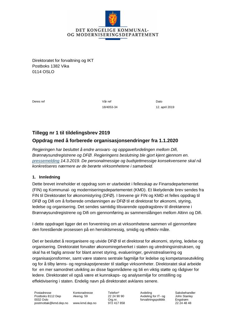 Forsiden av dokumentet Tildelingsbrev Digdir 2019 - tillegg nr. 1