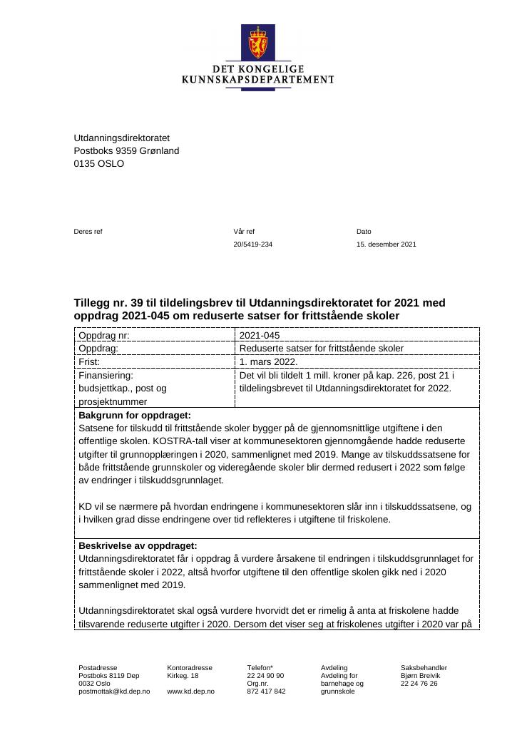 Forsiden av dokumentet Tildelingsbrev Utdanningsdirektoratet 2021 - tillegg nr. 39