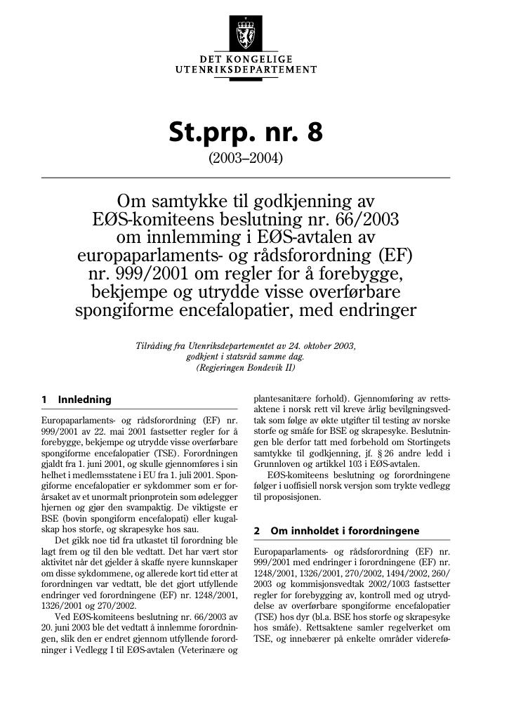 Forsiden av dokumentet St.prp. nr. 8 (2003-2004)