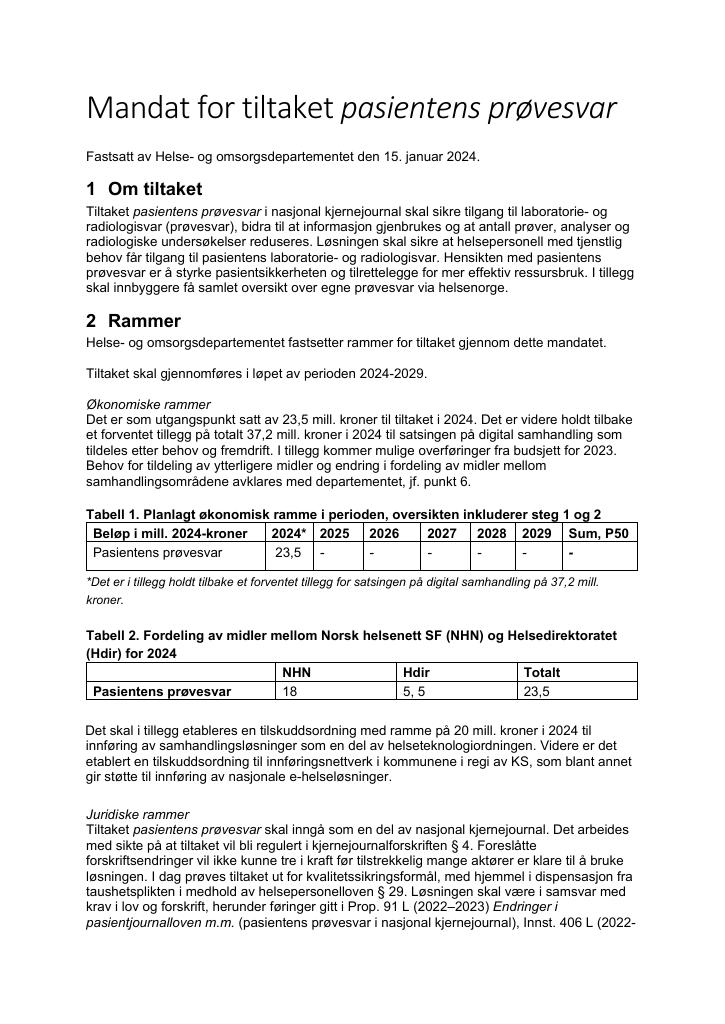 Forsiden av dokumentet supplerende mandat pasientens prøvesvar 2024