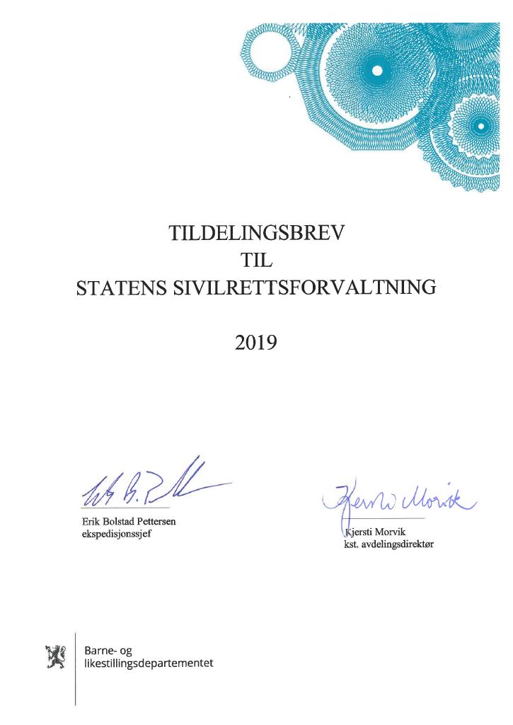 Forsiden av dokumentet Tildelingsbrev Statens sivilrettsforvaltning 2019