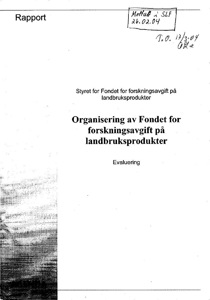 Forsiden av dokumentet Organisering av Fondet for forskningsavgift på landbruksprodukter