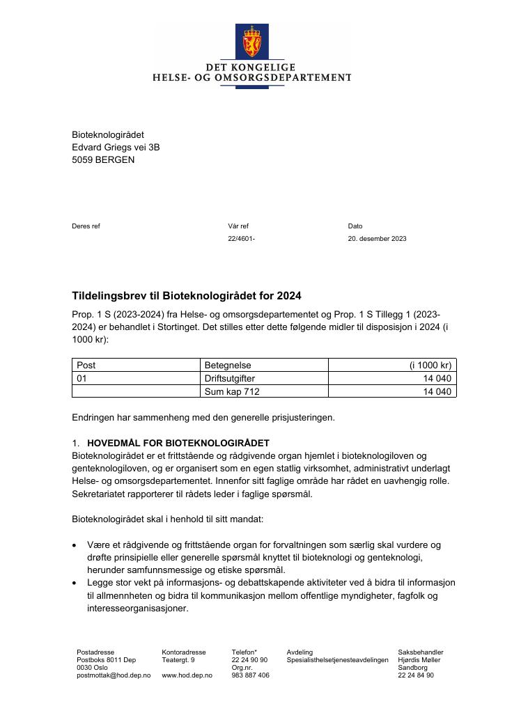 Forsiden av dokumentet Tildelingsbrev 2024