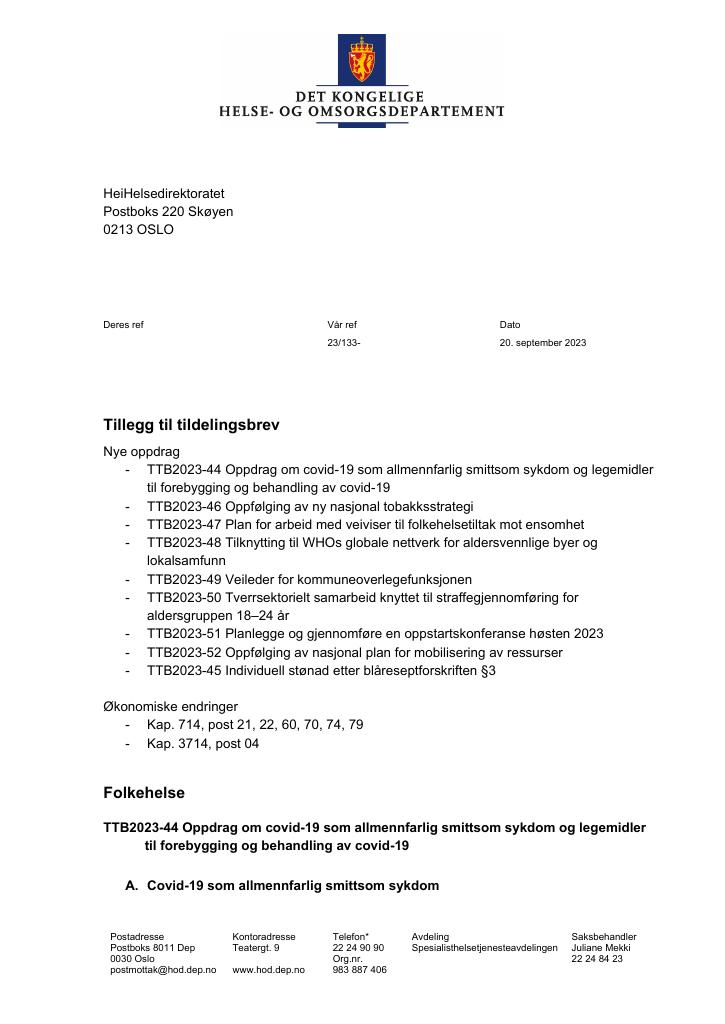 Forsiden av dokumentet Tildelingsbrev Helsedirektoratet 2023 - tillegg