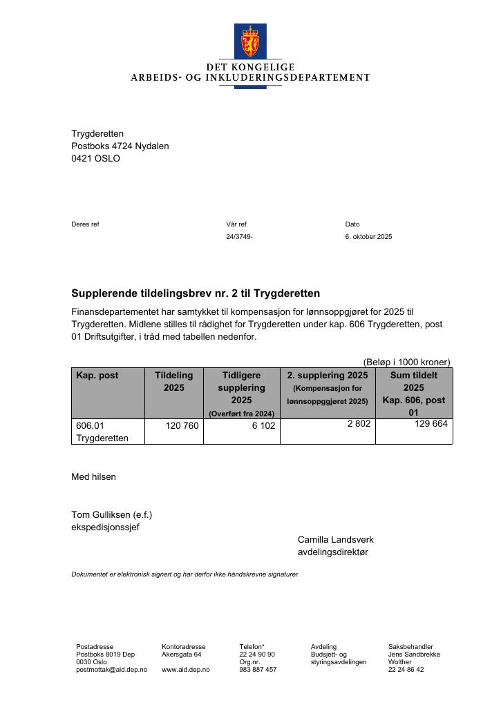 Forsiden av dokumentet Tildelingsbrev Trygderetten 2025 - tillegg nr. 2