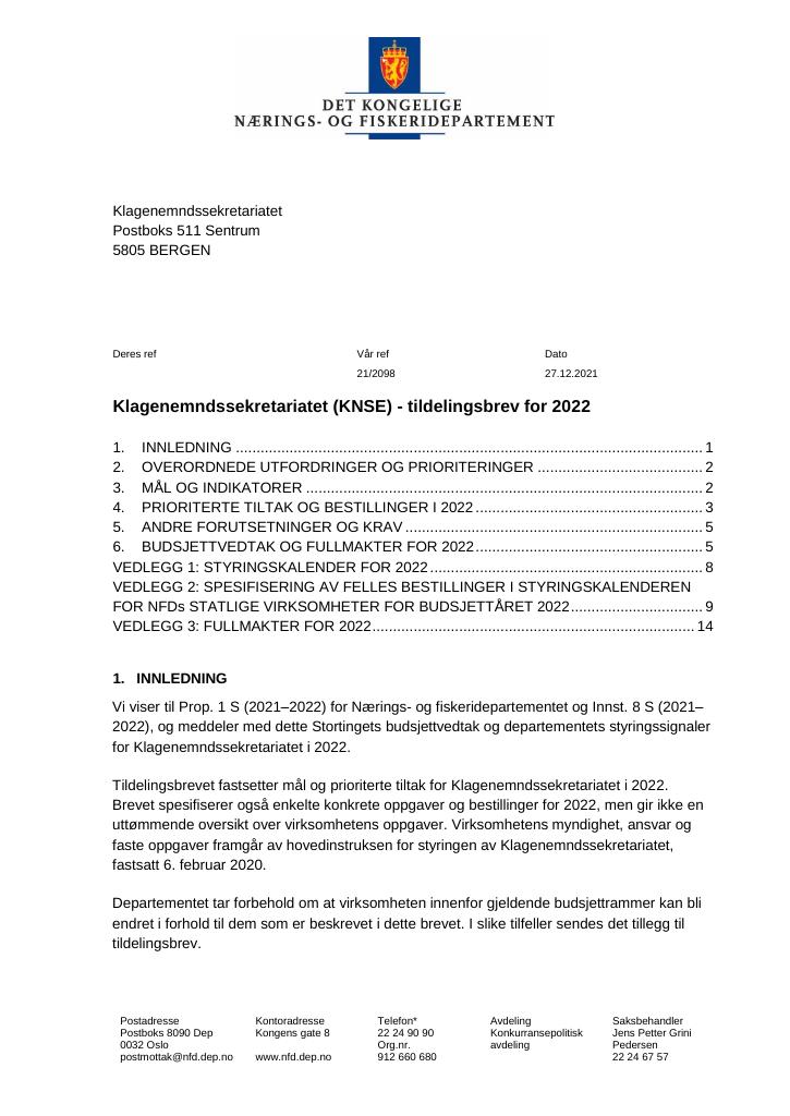 Forsiden av dokumentet Tildelingsbrev Klagenemndssekretariatet 2022