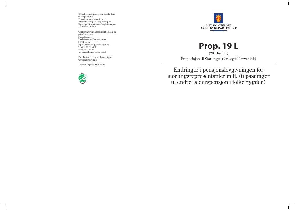 Forsiden av dokumentet Prop. 19 L (2010–2011)