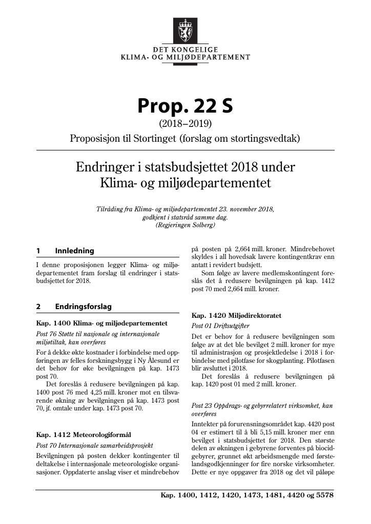 Forsiden av dokumentet Prop. 22 S (2018–2019)