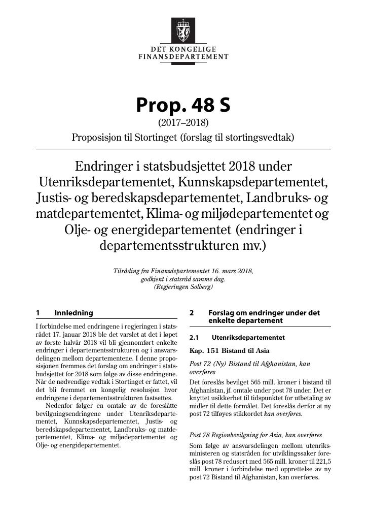 Forsiden av dokumentet Prop. 48 S (2017–2018)