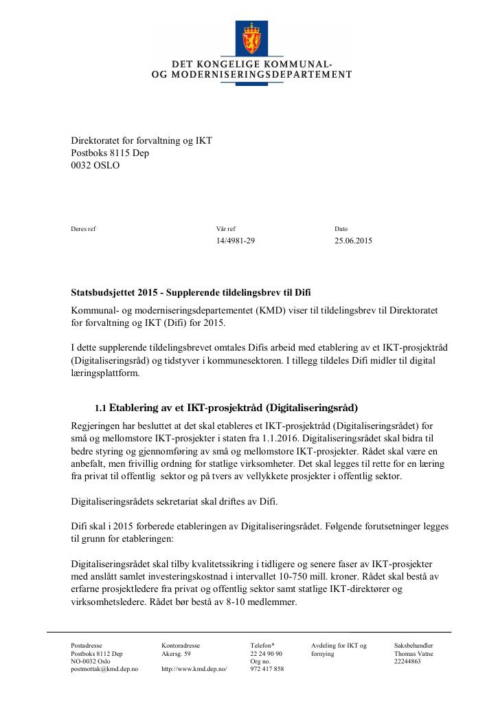 Forsiden av dokumentet supplerende brev juni (pdf)