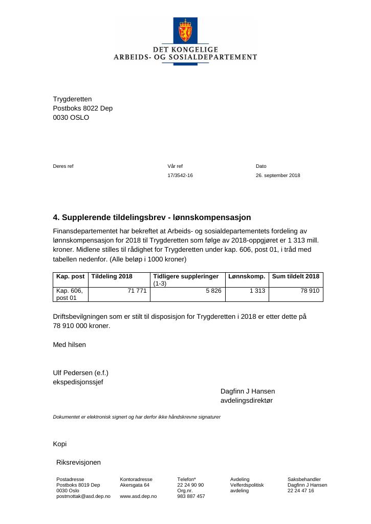 Forsiden av dokumentet Supplerende tildelingsbrev nr. 4 Trygderetten 2018