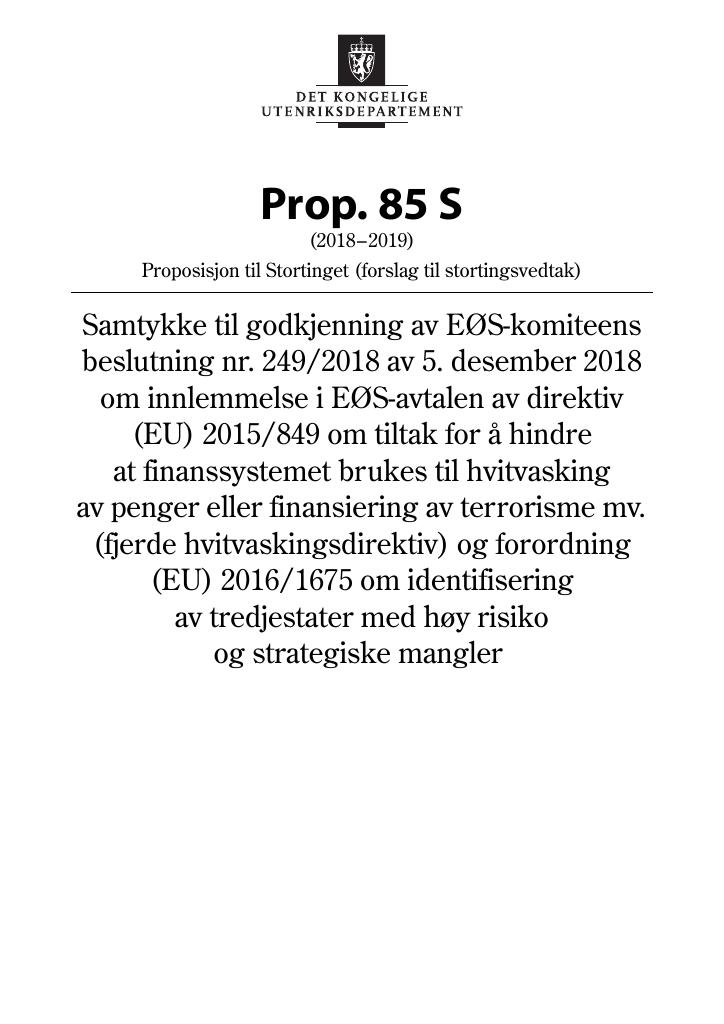 Forsiden av dokumentet Prop. 85 S (2018–2019)