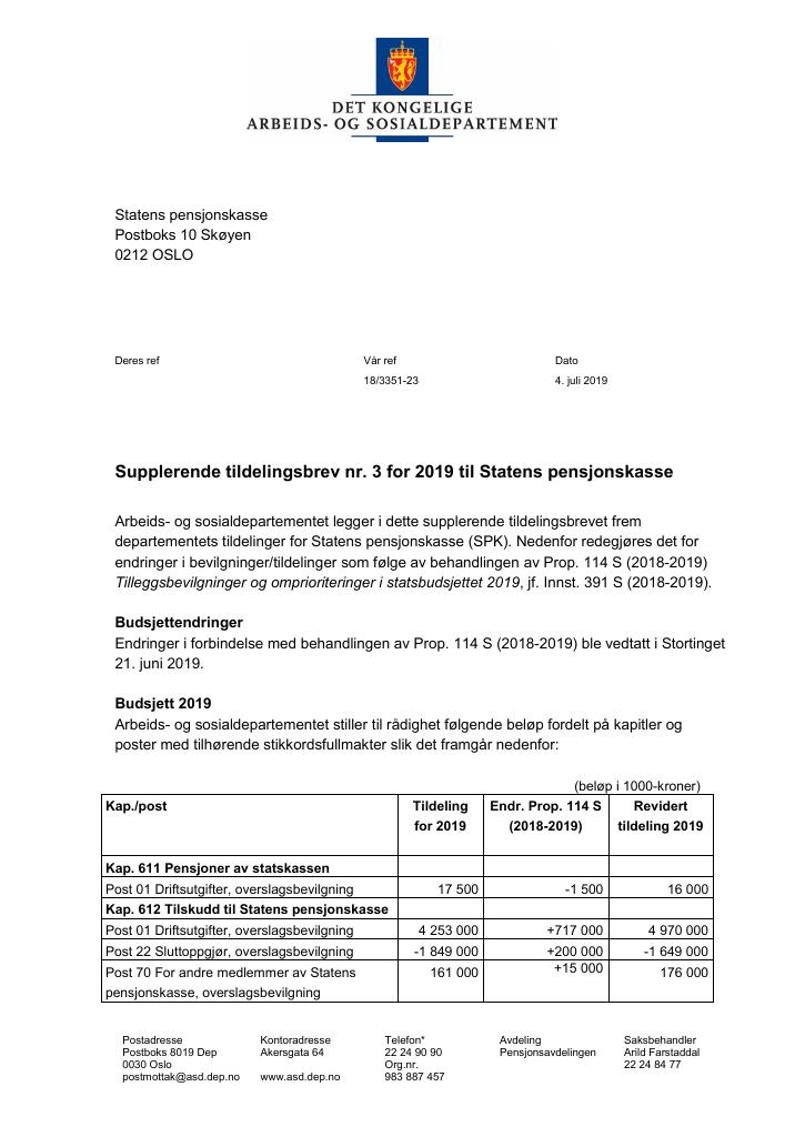 Forsiden av dokumentet Tildelingsbrev Statens pensjonskasse 2019 - tillegg nr. 3