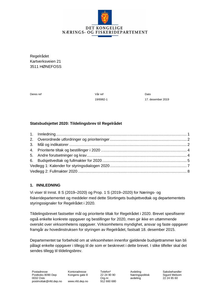 Forsiden av dokumentet Tildelingsbrev Regelrådet 2020