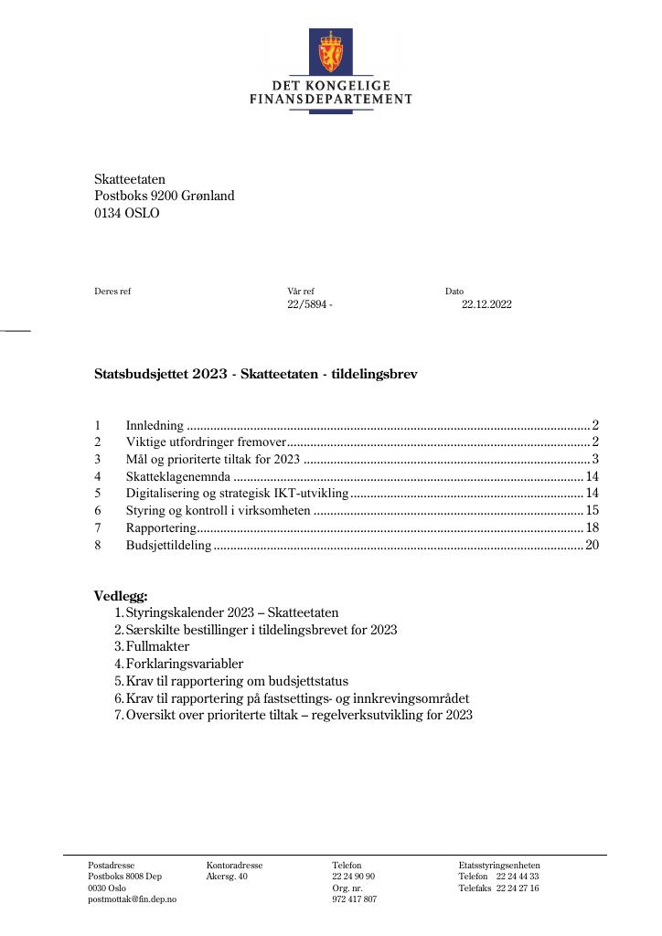 Forsiden av dokumentet Tildelingsbrev Skatteetaten 2023