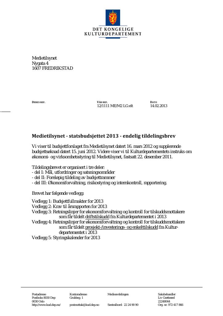 Forsiden av dokumentet Tildelingsbrev (.pdf)