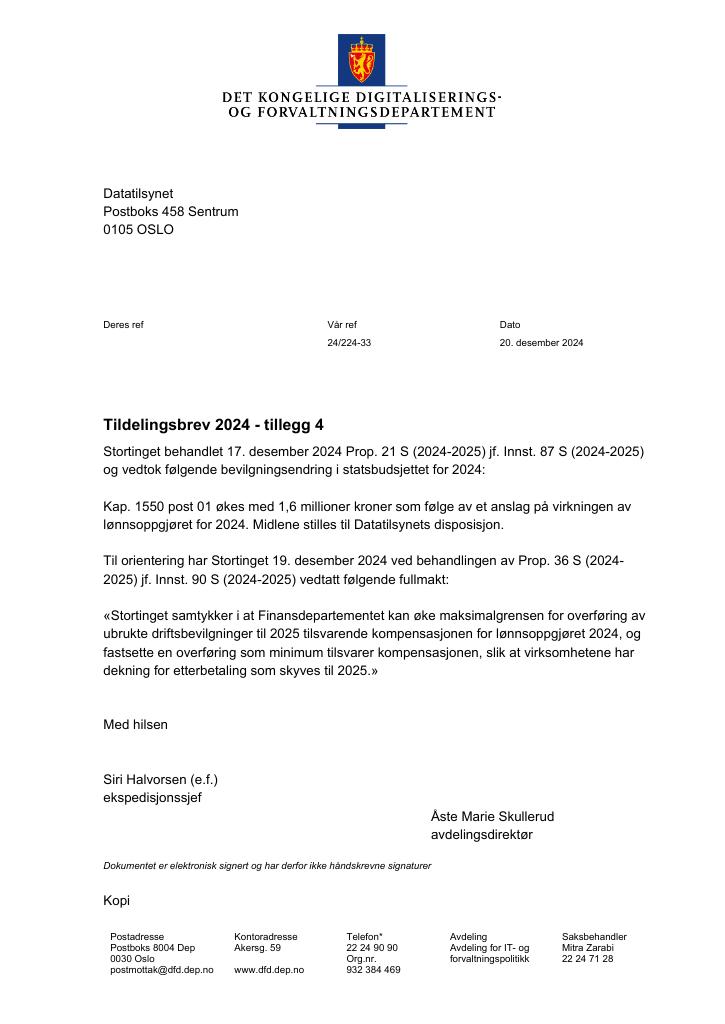 Forsiden av dokumentet Tildelingsbrev Datatilsynet 2024 - tillegg nr. 4