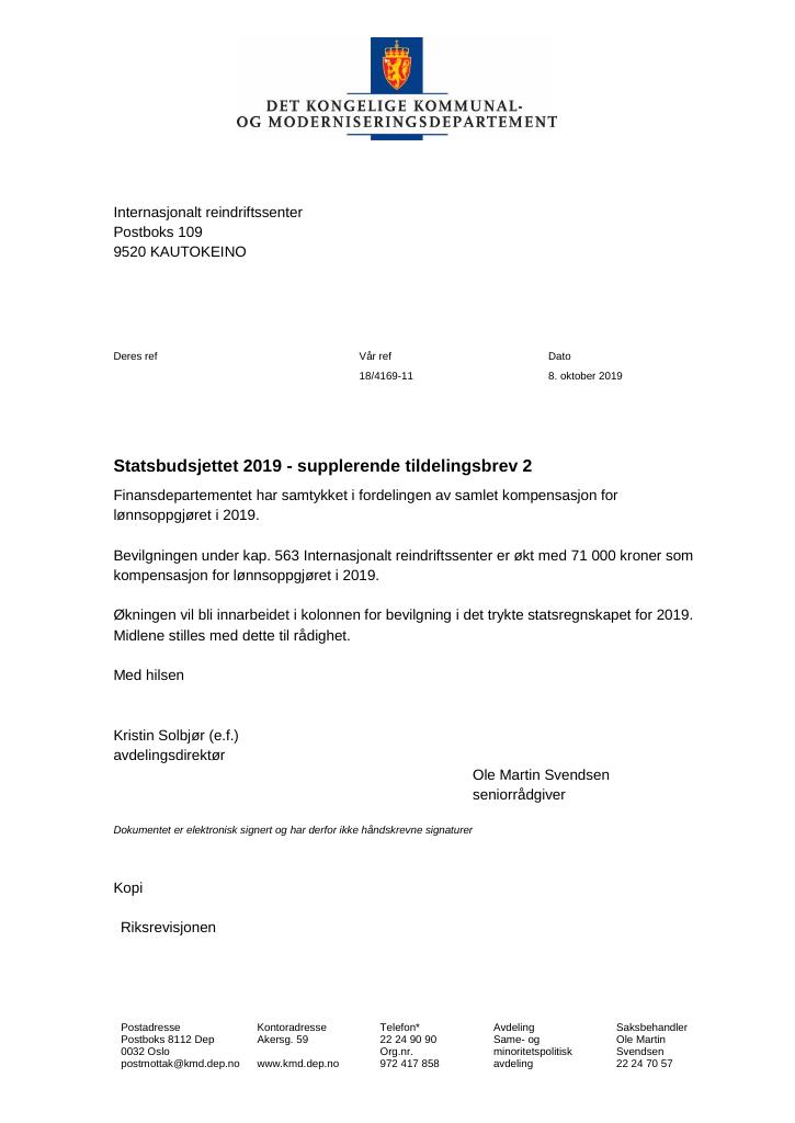 Forsiden av dokumentet Supplerende tildelingsbrev nr. 2 Internasjonalt reindriftssenter 2019