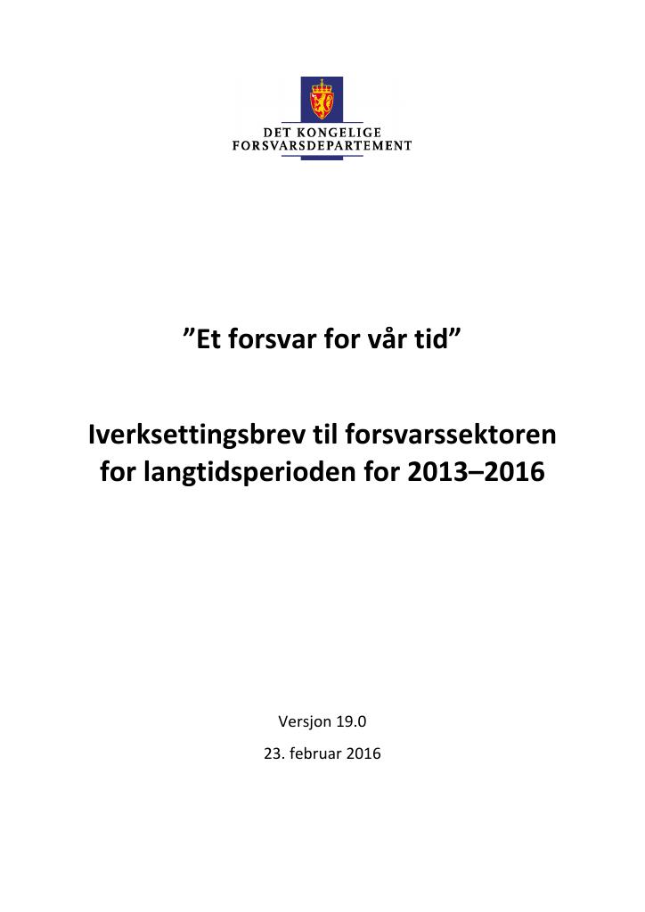 Forsiden av dokumentet Iverksettingsbrev versjon 19, datert 23. februar 2016