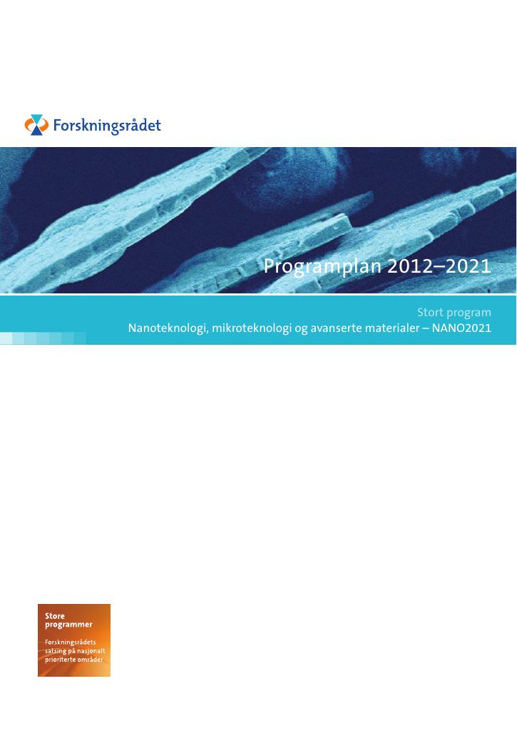 Forsiden av dokumentet Programplan 2012–2021 (NANO2021)