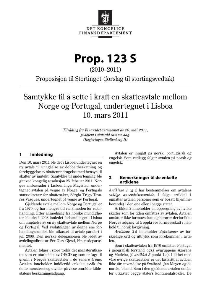 Forsiden av dokumentet Prop. 123 S (2010–2011)