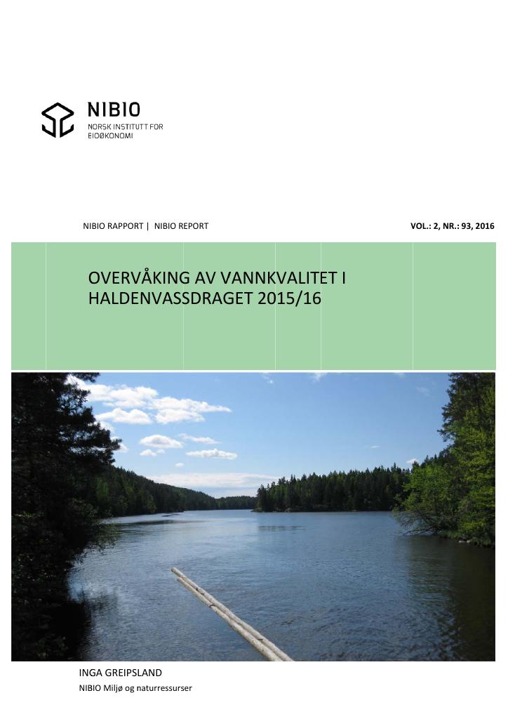 Forsiden av dokumentet Overvåking av vannkvalitet i Haldenvassdraget 2015/16
