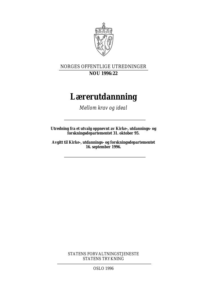 Forsiden av dokumentet NOU 1996: 22 - Lærerutdannning