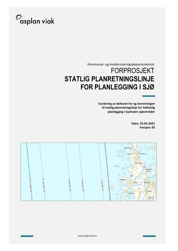 Forsiden av dokumentet Forprosjekt - Statlig planretningslinje  for planlegging i sjø