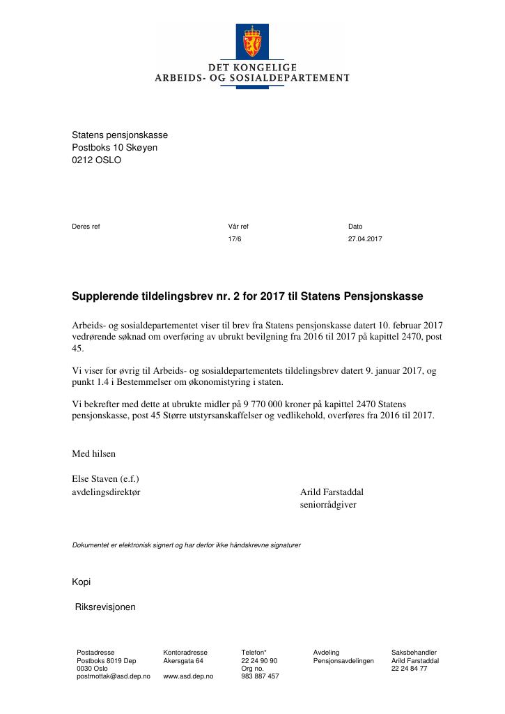Forsiden av dokumentet Tildelingsbrev Statens pensjonskasse 2017 - tillegg nr. 2