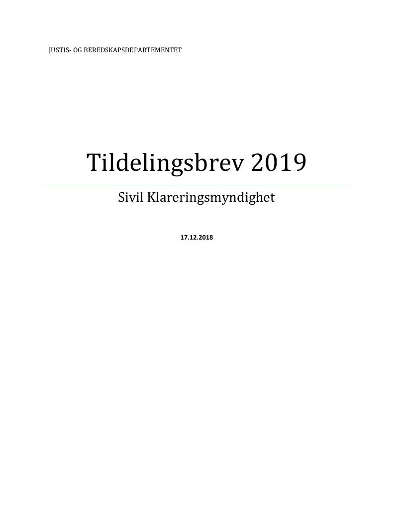 Forsiden av dokumentet Tildelingsbrev Sivil klareringsmyndighet 2019