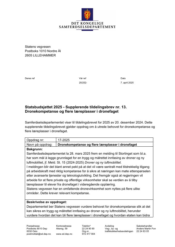 Forsiden av dokumentet Tildelingsbrev Statens vegvesen 2025 - tillegg nr. 13