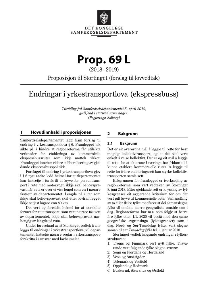 Forsiden av dokumentet Prop. 69 L (2018–2019)