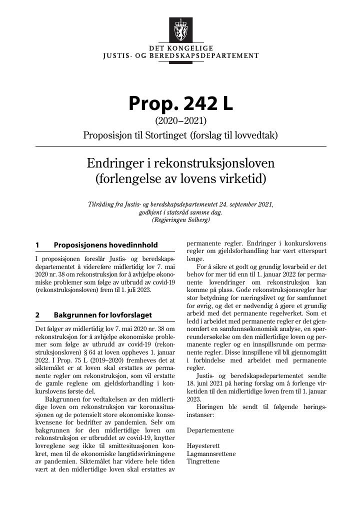 Forsiden av dokumentet Prop. 242 L (2020–2021)