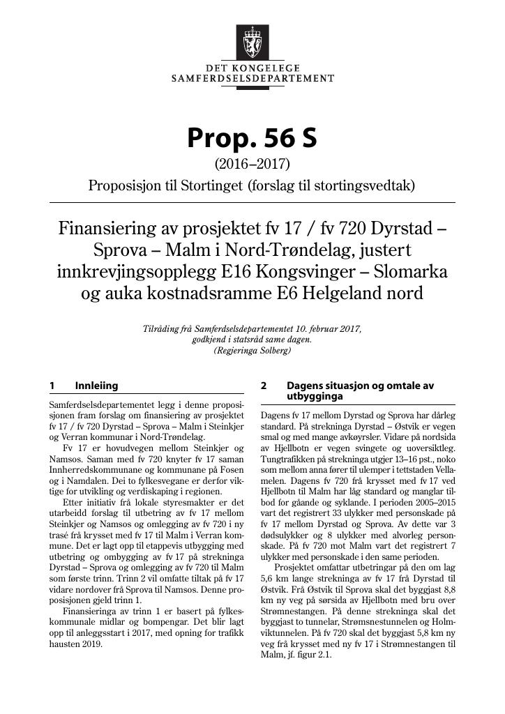 Forsiden av dokumentet Prop. 56 S (2016–2017)