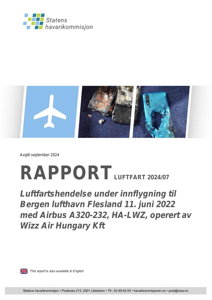 Forsiden av dokumentet Luftfartshendelse under innflygning til Bergen lufthavn Flesland 11. juni 2022 med Airbus A320-232, HA-LWZ