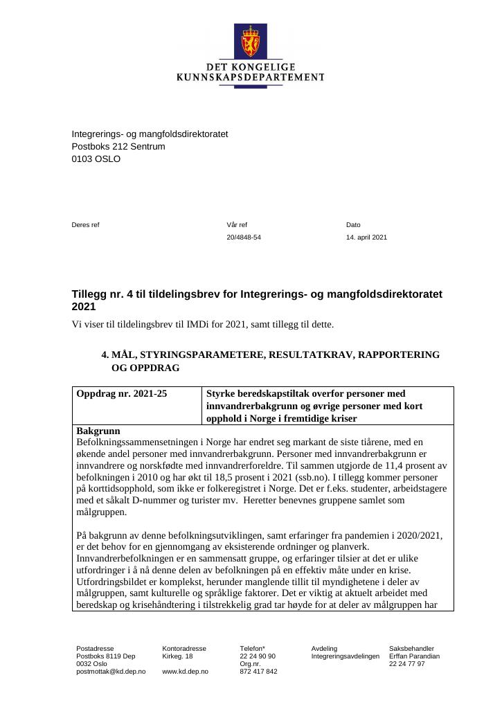 Forsiden av dokumentet Tildelingsbrev Integrerings- og mangfoldsdirektoratet (IMDi) 2021 - tillegg nr. 4