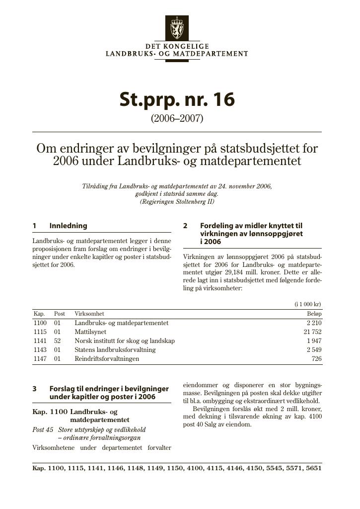 Forsiden av dokumentet St.prp. nr. 16 (2006-2007)