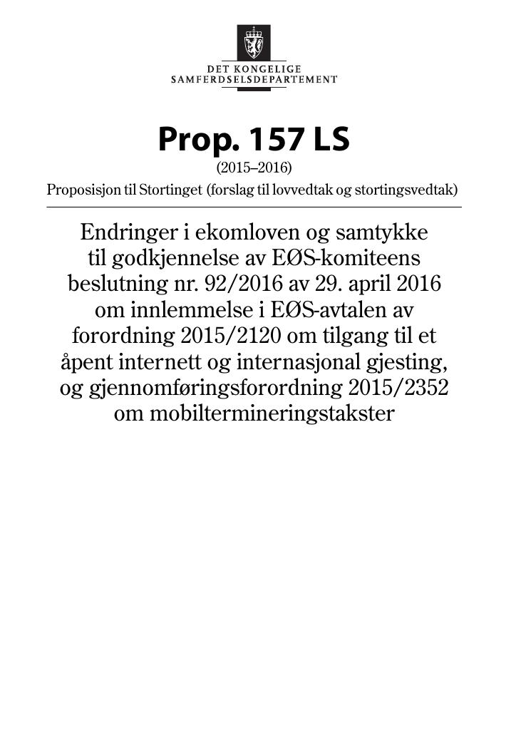 Forsiden av dokumentet Prop. 157 LS (2015–2016)