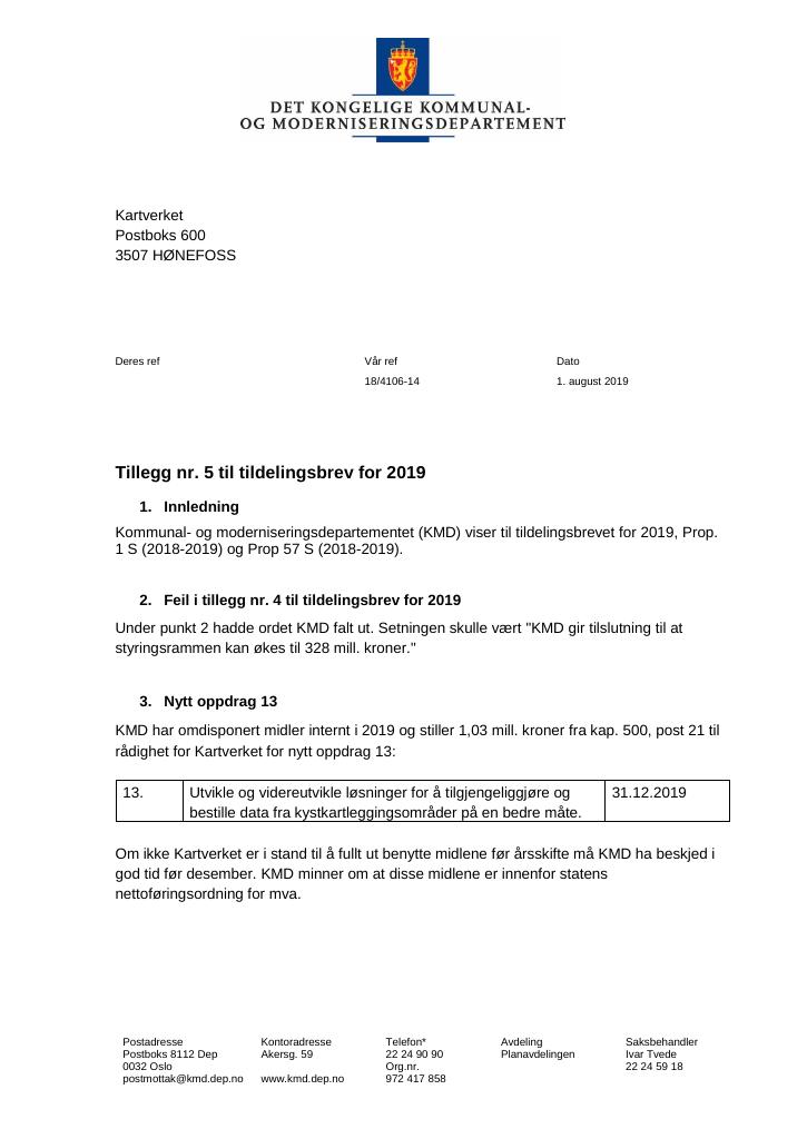 Forsiden av dokumentet Tildelingsbrev Kartverket 2019 - tillegg nr. 5