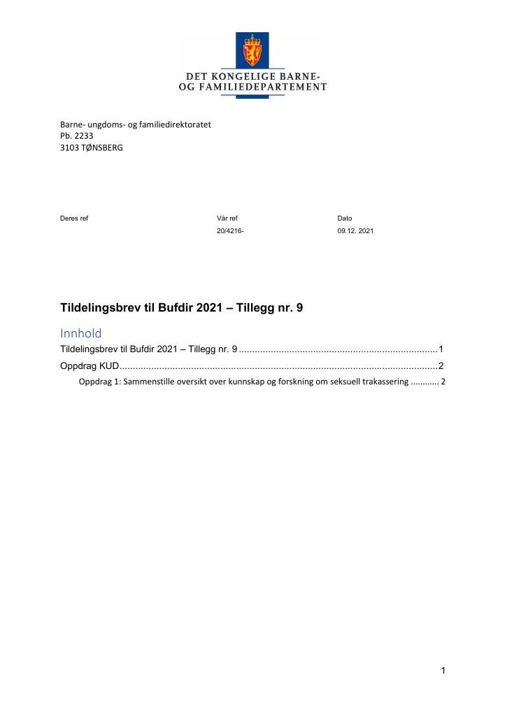 Forsiden av dokumentet Tildelingsbrev Bufdir 2021 - tillegg nr. 9