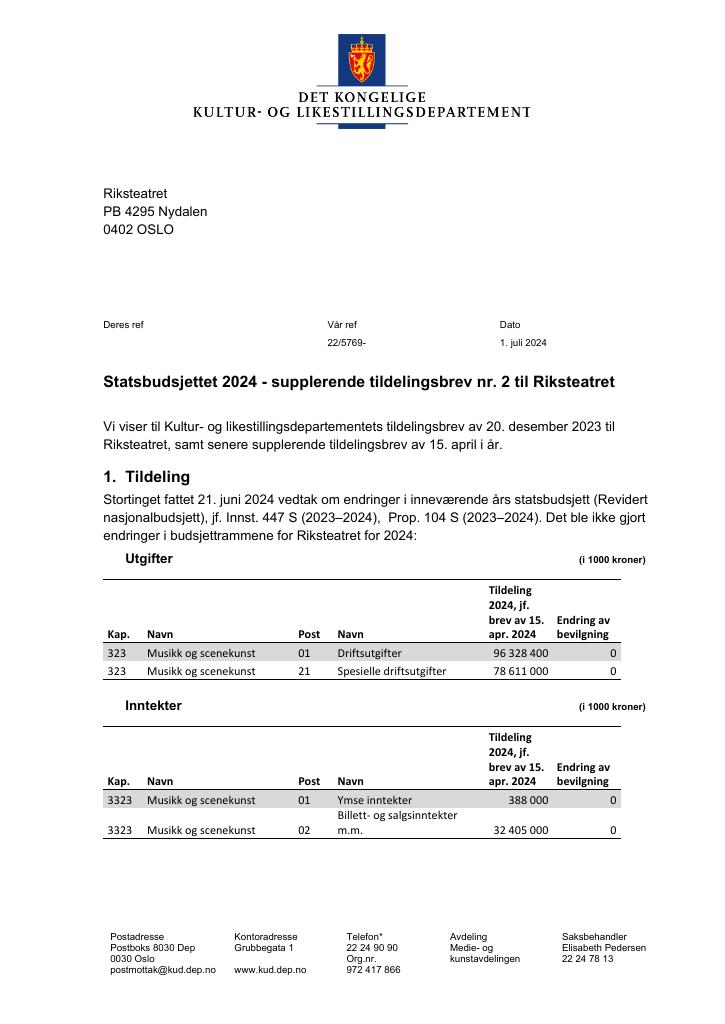 Forsiden av dokumentet Tildelingsbrev Riksteatret 2024 - tillegg nr. 2