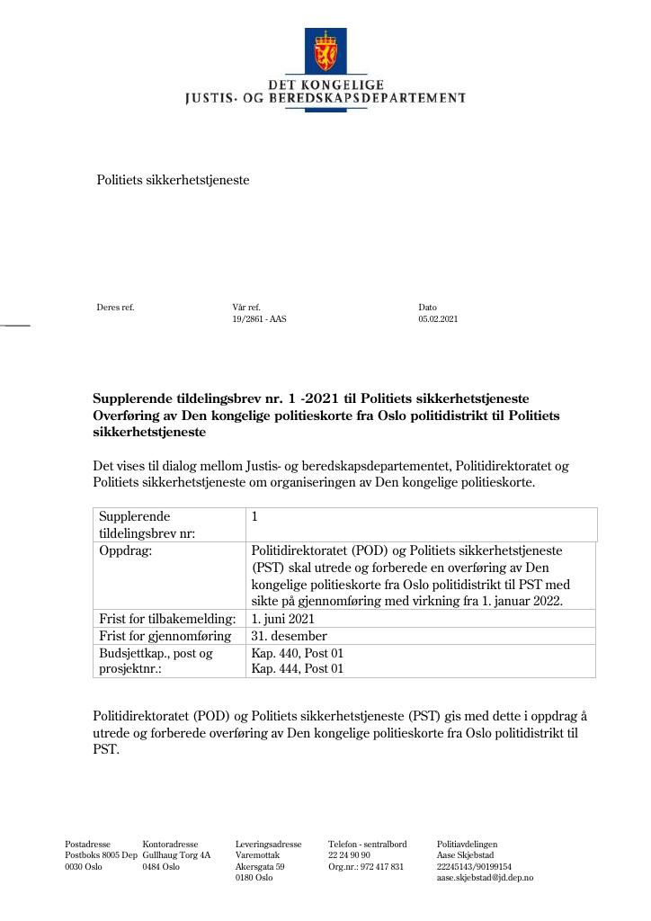 Tildelingsbrev Politiets Sikkerhetstjeneste 2021 - Tillegg Nr. 1 - Kudos