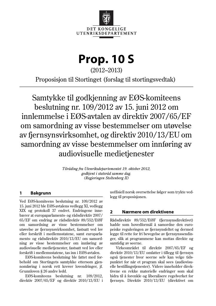 Forsiden av dokumentet Prop. 10 S (2012–2013)