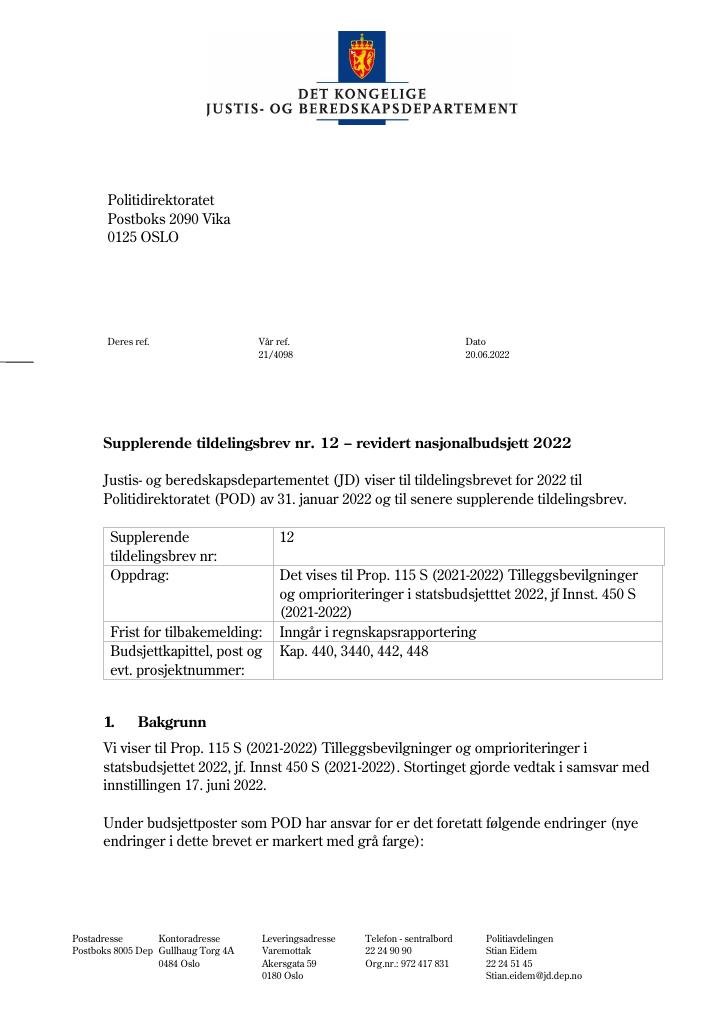 Forsiden av dokumentet Tildelingsbrev Politidirektoratet 2022 - tillegg nr. 12