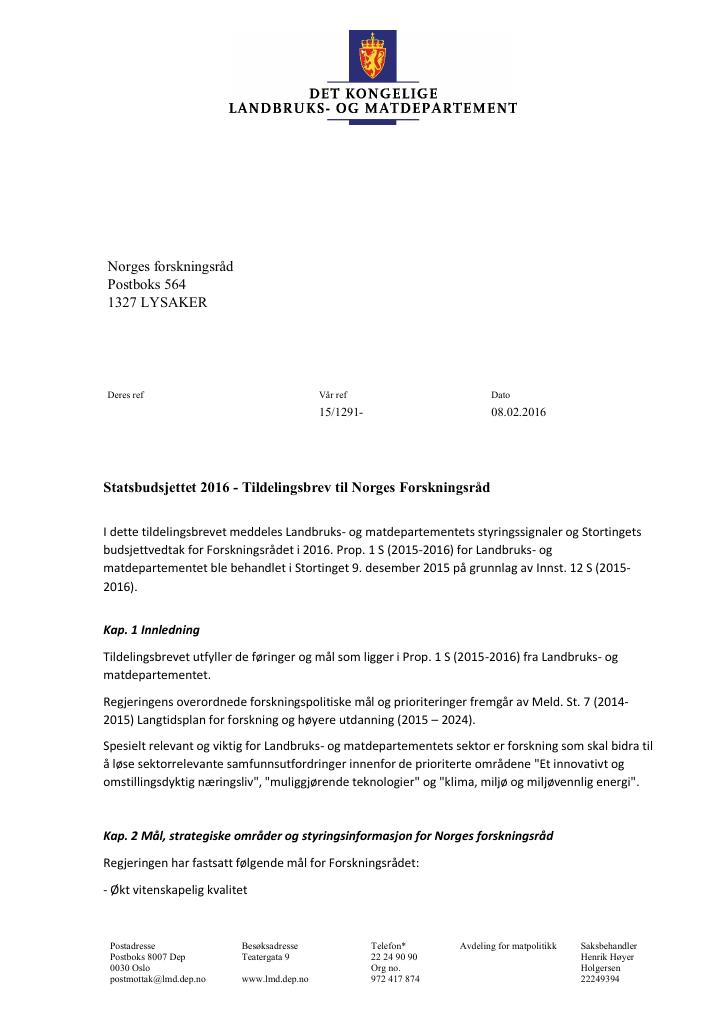 Forsiden av dokumentet Tildelingsbrev (PDF)