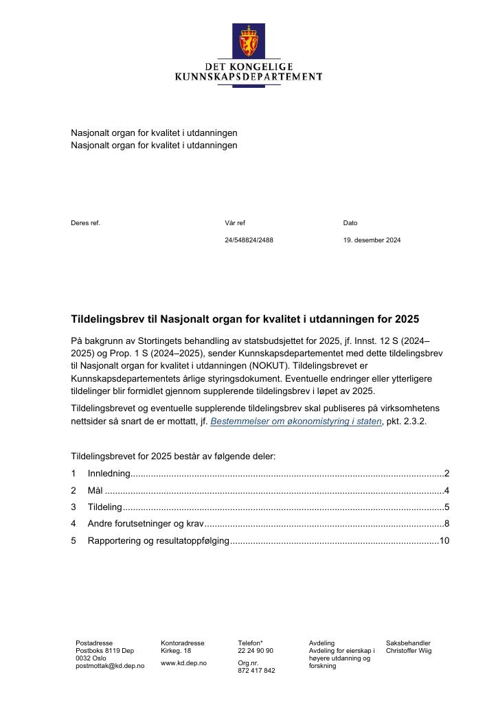 Forsiden av dokumentet Tildelingsbrev Nasjonalt organ for kvalitet i utdanningen (NOKUT) 2025