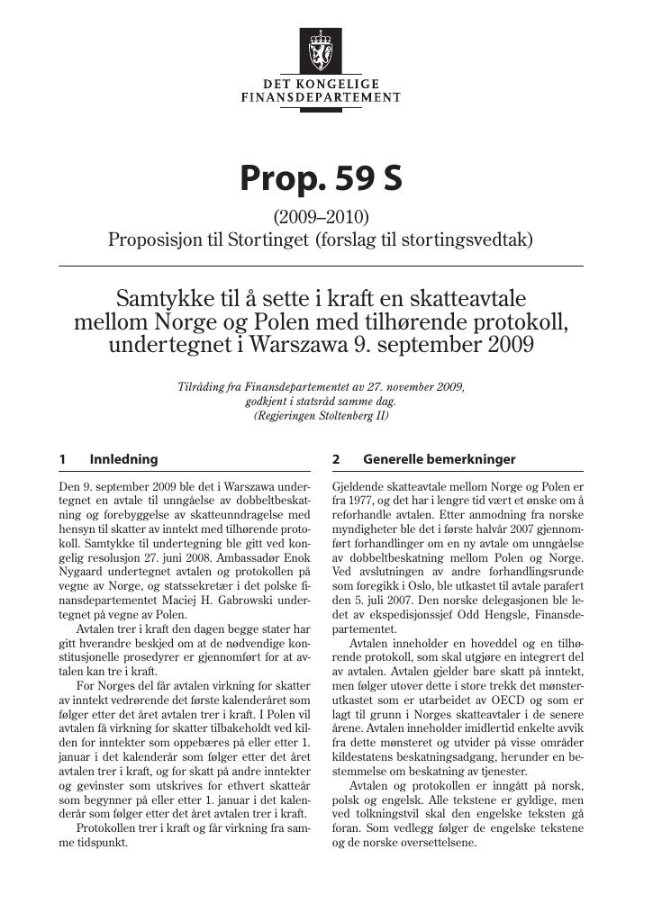 Forsiden av dokumentet Prop. 59 S (2009-2010)